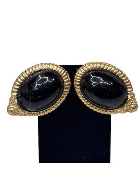 Vintage Givenchy Black Cabochon Gold Oval Rope Clip On Earrings Signed Runway